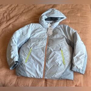 Powder Blue Puffer Jacket with Orange Zipper